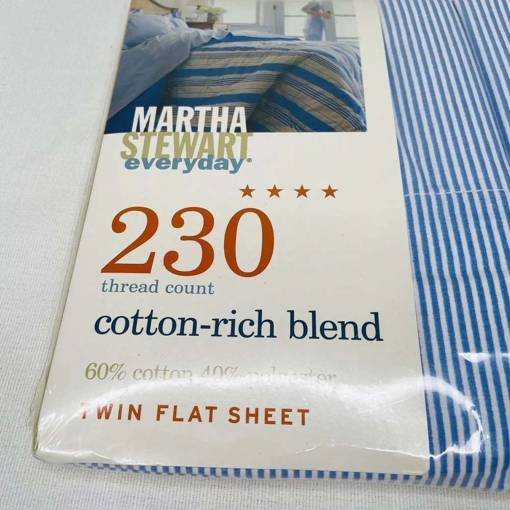 Martha Stewart Everyday Sheet Cornflower Blue Pinstripe Twin Flat 230 Count NOS